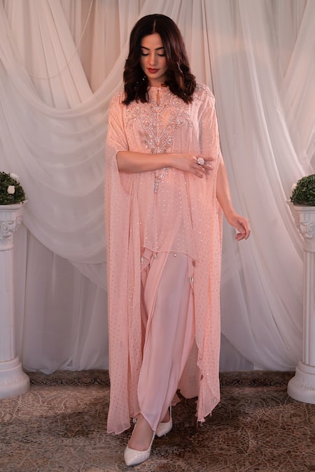 Shashank Arya_Pink Crepe, Georgette Sequins, Stones, Mukaish Embellished Asymmetric Kaftan Set _Online_at_Aza_Fashions