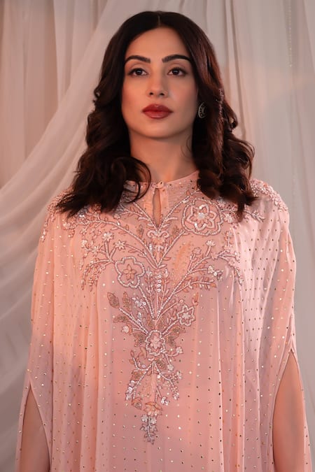 Shop_Shashank Arya_Pink Crepe, Georgette Sequins, Stones, Mukaish Embellished Asymmetric Kaftan Set _Online_at_Aza_Fashions