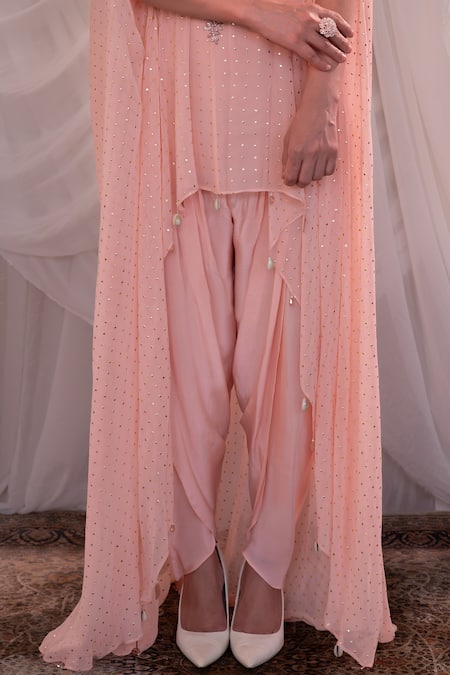 Shashank Arya_Pink Crepe, Georgette Sequins, Stones, Mukaish Embellished Asymmetric Kaftan Set _at_Aza_Fashions