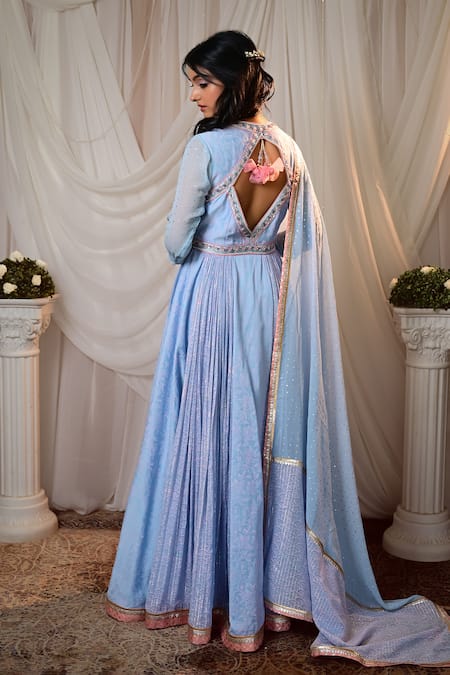 Shop_Shashank Arya_Blue Chanderi, Georgette Embroidery, Zari, Mirrors Round Anarkali With Dupatta _at_Aza_Fashions