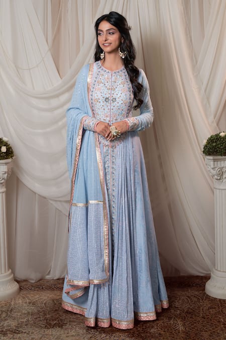 Shashank Arya_Blue Chanderi, Georgette Embroidery, Zari, Mirrors Round Anarkali With Dupatta _Online_at_Aza_Fashions