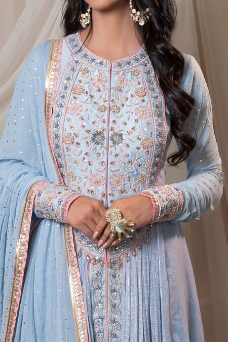 Buy_Shashank Arya_Blue Chanderi, Georgette Embroidery, Zari, Mirrors Round Anarkali With Dupatta _Online_at_Aza_Fashions