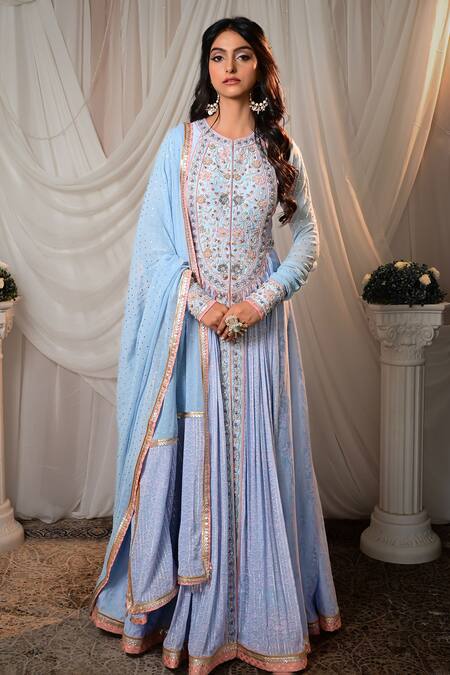 Shop_Shashank Arya_Blue Chanderi, Georgette Embroidery, Zari, Mirrors Round Anarkali With Dupatta _Online_at_Aza_Fashions