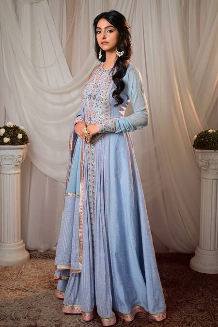 Shashank Arya_Blue Chanderi, Georgette Embroidery, Zari, Mirrors Round Anarkali With Dupatta _at_Aza_Fashions