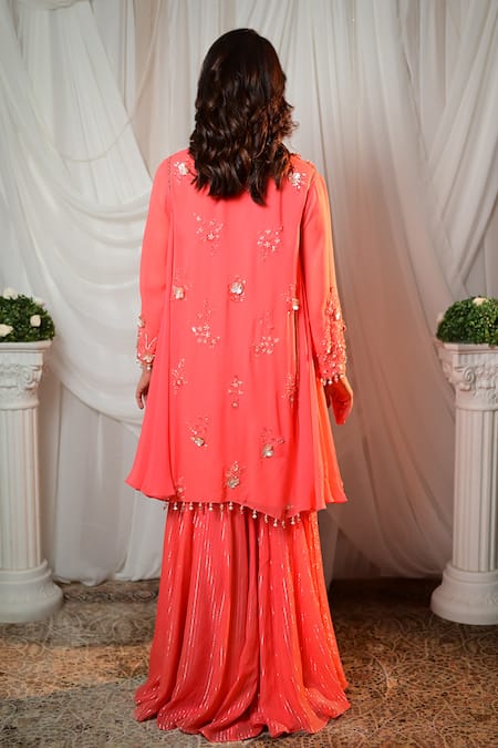 Shashank Arya Coral Georgette Sequins, Tassels V-neck Embroidered Kurta Set Online at Aza Fashions Shashank Arya_Coral Georgette Sequins, Tassels V-neck Embroidered Kurta Set _Online_at_Aza_Fashions