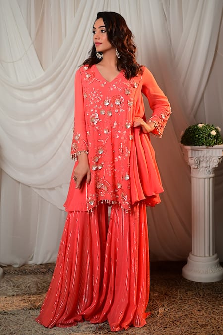 Buy Shashank Arya Coral Georgette Sequins, Tassels V-neck Embroidered Kurta Set Online at Aza Fashions Buy_Shashank Arya_Coral Georgette Sequins, Tassels V-neck Embroidered Kurta Set _Online_at_Aza_Fashions