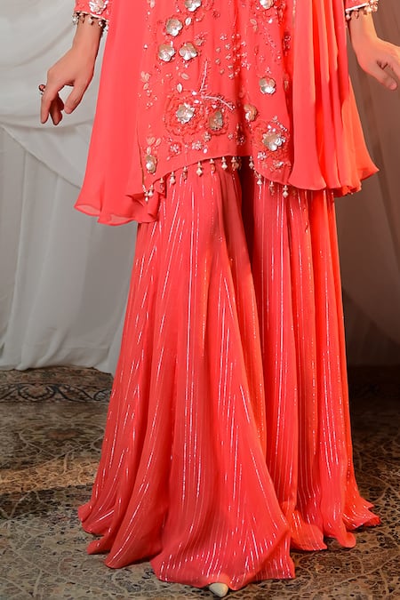 Shop Shashank Arya Coral Georgette Sequins, Tassels V-neck Embroidered Kurta Set Online at Aza Fashions Shop_Shashank Arya_Coral Georgette Sequins, Tassels V-neck Embroidered Kurta Set _Online_at_Aza_Fashions