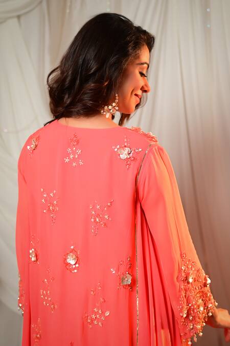 Shashank Arya Coral Georgette Sequins, Tassels V-neck Embroidered Kurta Set at Aza Fashions Shashank Arya_Coral Georgette Sequins, Tassels V-neck Embroidered Kurta Set _at_Aza_Fashions