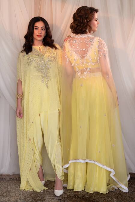 Shop Shashank Arya Yellow Organza, Georgette Embroidery, Sequins V-neck Floral Sharara Set at Aza Fashions Shop_Shashank Arya_Yellow Organza, Georgette Embroidery, Sequins V-neck Floral Sharara Set _at_Aza_Fashions