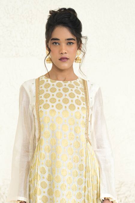 Rishi and Vibhuti Ivory Chanderi, Brocade Embroidery Round Neck Adriel Floral Woven Anarkali Online at Aza Fashions Rishi and Vibhuti_Ivory Chanderi, Brocade Embroidery Round Neck Adriel Floral Woven Anarkali _Online_at_Aza_Fashions