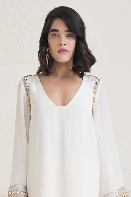 Buy_Rishi and Vibhuti_Ivory Organza, Crepe Lace, Inari Sleeve Embroidered Kurta And Flared Pant Set _Online_at_Aza_Fashions