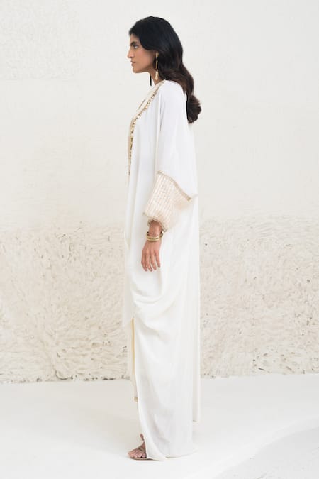 Buy_Rishi and Vibhuti_Ivory Crepe, Linen, Cotton Patchwork Embellished Kaftan Kurta And Pant Set _Online_at_Aza_Fashions