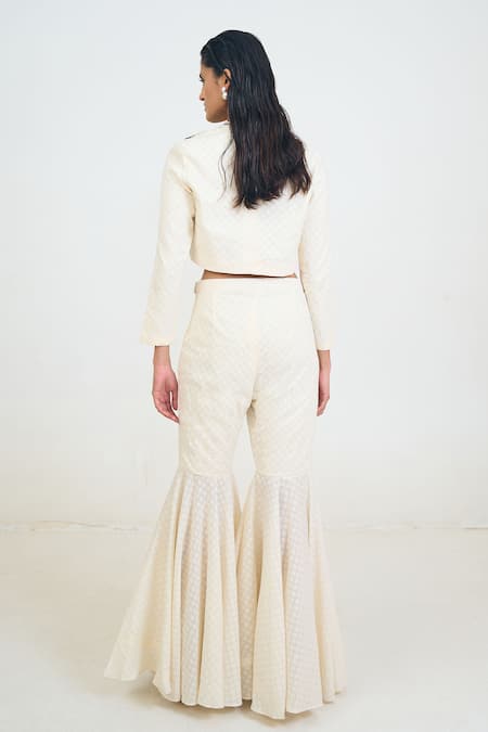 Shop_Rishi and Vibhuti_Ivory Cotton Beads, Fringe, Embroidery Sweetheart Embellished Jacket Gharara Set _at_Aza_Fashions