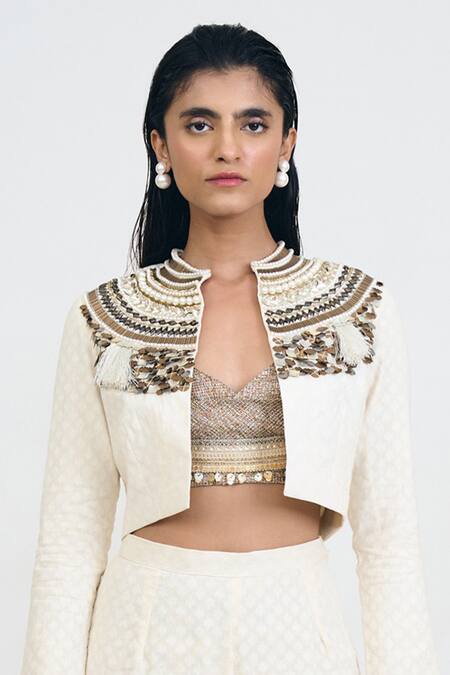 Rishi and Vibhuti_Ivory Cotton Beads, Fringe, Embroidery Sweetheart Embellished Jacket Gharara Set _Online_at_Aza_Fashions