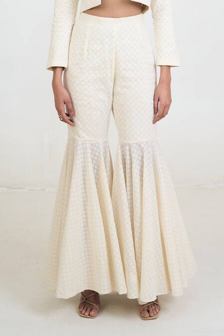 Buy_Rishi and Vibhuti_Ivory Cotton Beads, Fringe, Embroidery Sweetheart Embellished Jacket Gharara Set _Online_at_Aza_Fashions