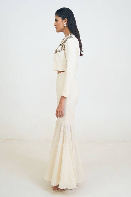 Shop_Rishi and Vibhuti_Ivory Cotton Beads, Fringe, Embroidery Sweetheart Embellished Jacket Gharara Set _Online_at_Aza_Fashions