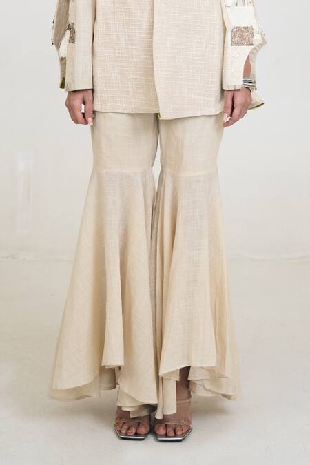 Rishi and Vibhuti Ivory Linen, Jersey Embroidery Alkaline Patchwork Embellished Jacket Gharara Set Online at Aza Fashions Rishi and Vibhuti_Ivory Linen, Jersey Embroidery Alkaline Patchwork Embellished Jacket Gharara Set _Online_at_Aza_Fashions