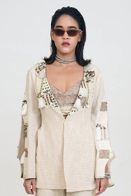 Buy Rishi and Vibhuti Ivory Linen, Jersey Embroidery Alkaline Patchwork Embellished Jacket Gharara Set Online at Aza Fashions Buy_Rishi and Vibhuti_Ivory Linen, Jersey Embroidery Alkaline Patchwork Embellished Jacket Gharara Set _Online_at_Aza_Fashions