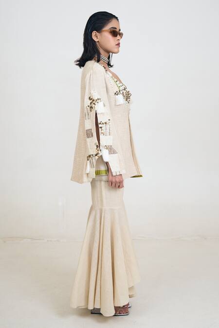 Shop Rishi and Vibhuti Ivory Linen, Jersey Embroidery Alkaline Patchwork Embellished Jacket Gharara Set Online at Aza Fashions Shop_Rishi and Vibhuti_Ivory Linen, Jersey Embroidery Alkaline Patchwork Embellished Jacket Gharara Set _Online_at_Aza_Fashions