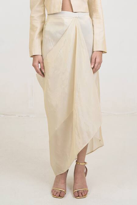 Shop_Rishi and Vibhuti_Ivory Chanderi Silk Beads, Fringe Amis Embroidered Jacket And Draped Skirt Set _Online_at_Aza_Fashions