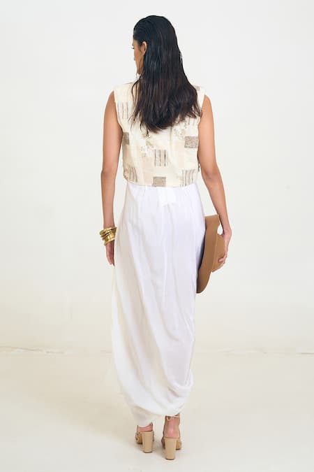 Rishi and Vibhuti Ivory Cotton, Crepe Sequins, Airel Placement Bodysuit Dress With Jacket Online at Aza Fashions Rishi and Vibhuti_Ivory Cotton, Crepe Sequins, Airel Placement Bodysuit Dress With Jacket _Online_at_Aza_Fashions