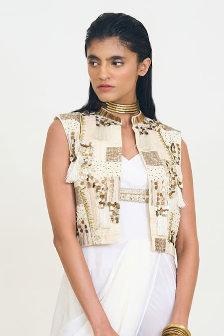 Rishi and Vibhuti Ivory Cotton, Crepe Sequins, Airel Placement Bodysuit Dress With Jacket at Aza Fashions Rishi and Vibhuti_Ivory Cotton, Crepe Sequins, Airel Placement Bodysuit Dress With Jacket _at_Aza_Fashions