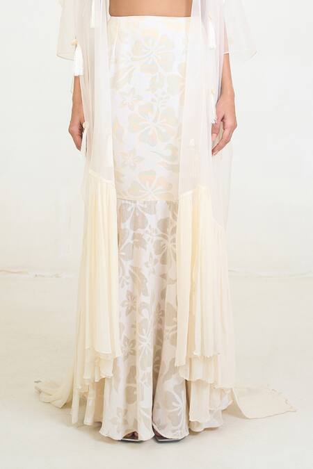 Rishi and Vibhuti_Ivory Cotton, Organza, Linen Tassels, Beads, Seerna Embellished Cape Skirt Set _Online_at_Aza_Fashions