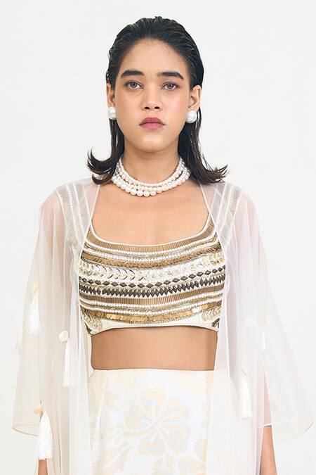 Buy_Rishi and Vibhuti_Ivory Cotton, Organza, Linen Tassels, Beads, Seerna Embellished Cape Skirt Set _Online_at_Aza_Fashions
