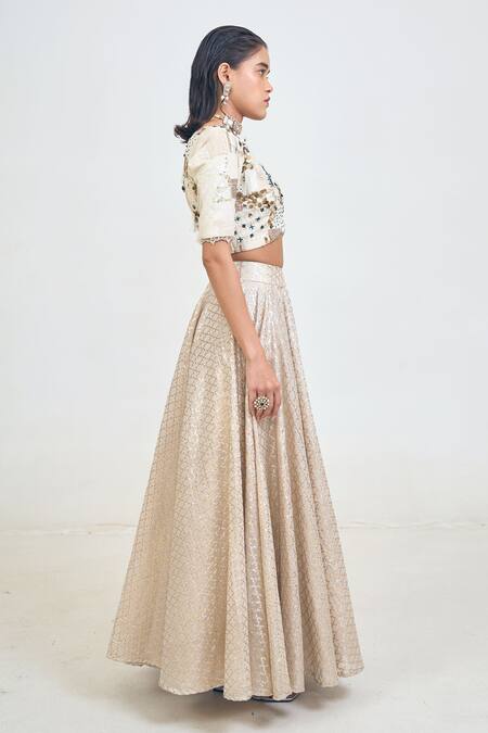 Shop Rishi and Vibhuti Ivory Chiffon, Cotton, Chanderi Gota Patti, Embroidery Arnica Work Lehenga Set Online at Aza Fashions Shop_Rishi and Vibhuti_Ivory Chiffon, Cotton, Chanderi Gota Patti, Embroidery Arnica Work Lehenga Set _Online_at_Aza_Fashions