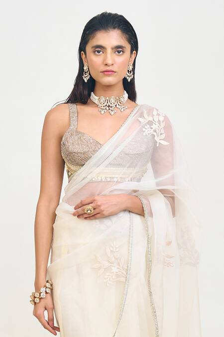 Rishi and Vibhuti_Ivory Organza Lace, Sequins, Embroidery Ember Floral Saree With Blouse _Online_at_Aza_Fashions