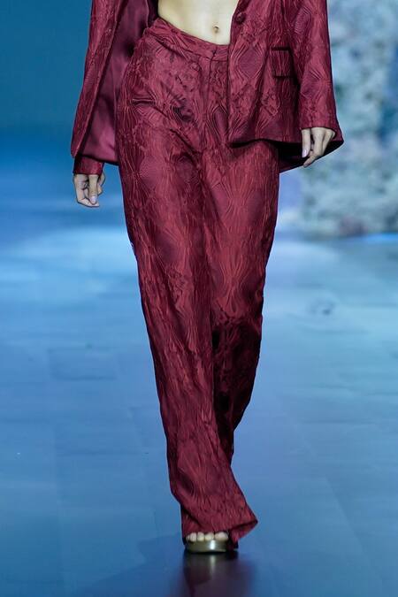 Nirmooha Red Embroidery Chantilly Lace Embellished Pant Online at Aza Fashions Nirmooha_Red Embroidery Chantilly Lace Embellished Pant _Online_at_Aza_Fashions