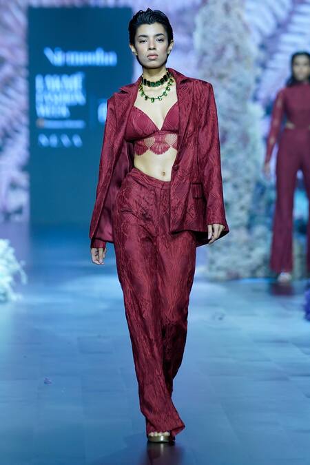 Nirmooha_Red Lace Embroidery Intense Chantilly Embellished Bralette _Online_at_Aza_Fashions