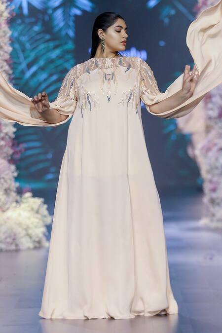 Nirmooha Peach Georgette Sequins Round Neck Yoke Embroidered Kaftan Online at Aza Fashions Nirmooha_Peach Georgette Sequins Round Neck Yoke Embroidered Kaftan _Online_at_Aza_Fashions