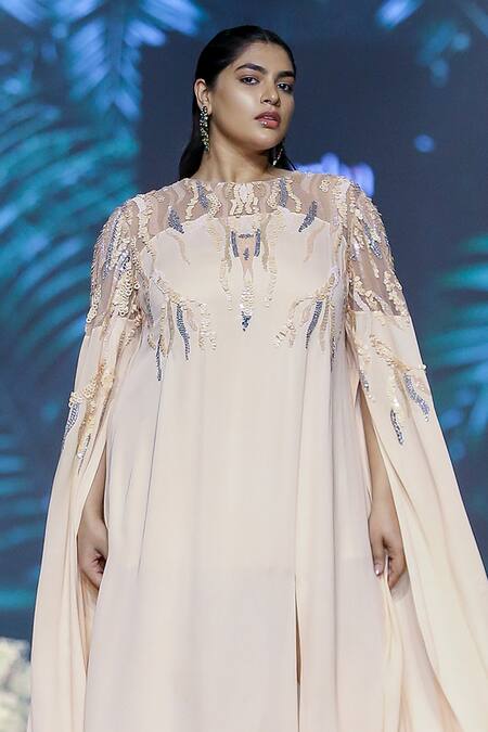 Buy Nirmooha Peach Georgette Sequins Round Neck Yoke Embroidered Kaftan Online at Aza Fashions Buy_Nirmooha_Peach Georgette Sequins Round Neck Yoke Embroidered Kaftan _Online_at_Aza_Fashions