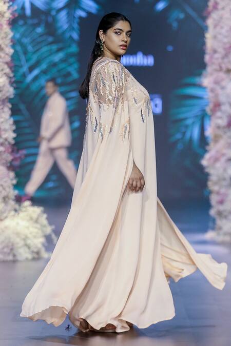 Shop Nirmooha Peach Georgette Sequins Round Neck Yoke Embroidered Kaftan Online at Aza Fashions Shop_Nirmooha_Peach Georgette Sequins Round Neck Yoke Embroidered Kaftan _Online_at_Aza_Fashions