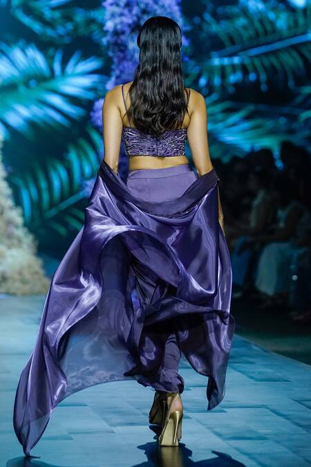 Shop_Nirmooha_Purple Organza Embroidery Open Neck Border Shrug _at_Aza_Fashions