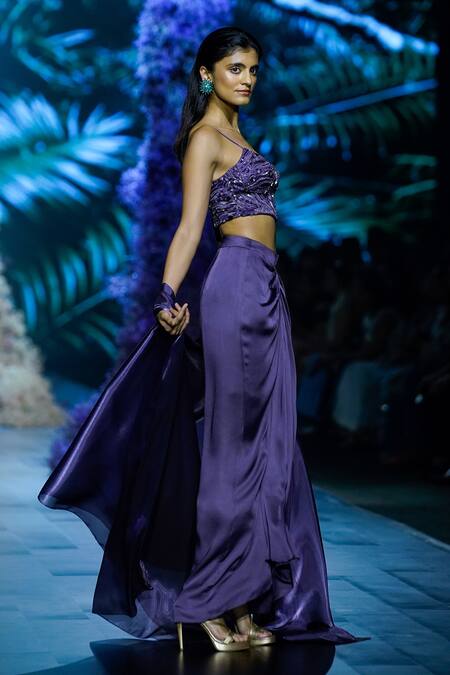 Nirmooha_Purple Organza Embroidery Open Neck Border Shrug _Online_at_Aza_Fashions