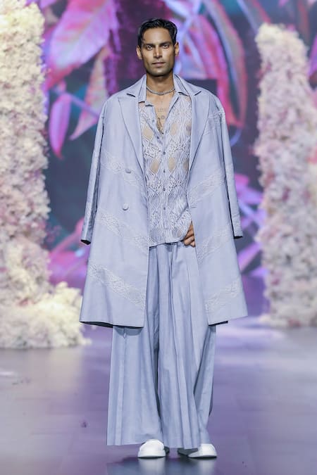 Nirmooha Grey Linen Embroidery Chantilly Lace Embellished Trench Coat Online at Aza Fashions Nirmooha_Grey Linen Embroidery Chantilly Lace Embellished Trench Coat _Online_at_Aza_Fashions