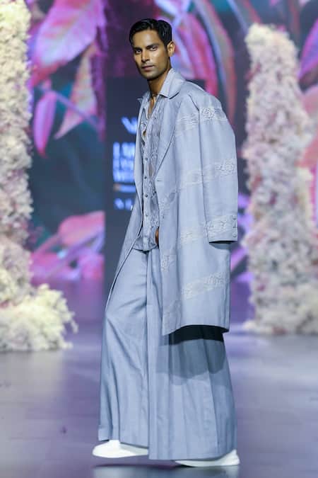 Buy_Nirmooha_Grey Linen Embroidery Chantilly Lace Embellished Trench Coat _Online_at_Aza_Fashions