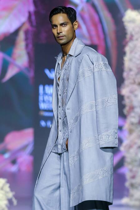 Shop Nirmooha Grey Linen Embroidery Chantilly Lace Embellished Trench Coat Online at Aza Fashions Shop_Nirmooha_Grey Linen Embroidery Chantilly Lace Embellished Trench Coat _Online_at_Aza_Fashions