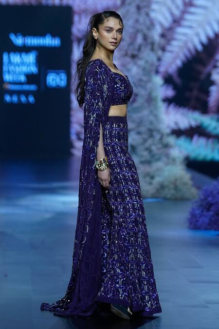 Nirmooha_Purple Crepe Cut Work, Sequins, Embroidery Sweetheart Neck Cutdana Bustier _Online_at_Aza_Fashions