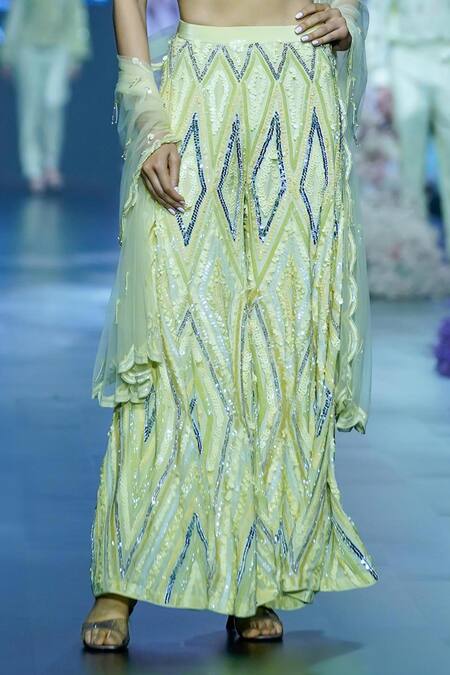 Nirmooha Green Crepe Sequins, Beads, Cut Work Geometric Embroidered Flared Pant Online at Aza Fashions Nirmooha_Green Crepe Sequins, Beads, Cut Work Geometric Embroidered Flared Pant _Online_at_Aza_Fashions