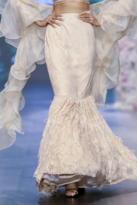 Nirmooha_Peach Chiffon Embroidery Chantilly Lace Skirt _Online_at_Aza_Fashions