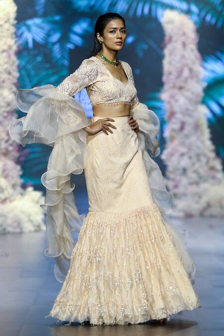 Shop_Nirmooha_Peach Chiffon Embroidery Chantilly Lace Skirt _Online_at_Aza_Fashions