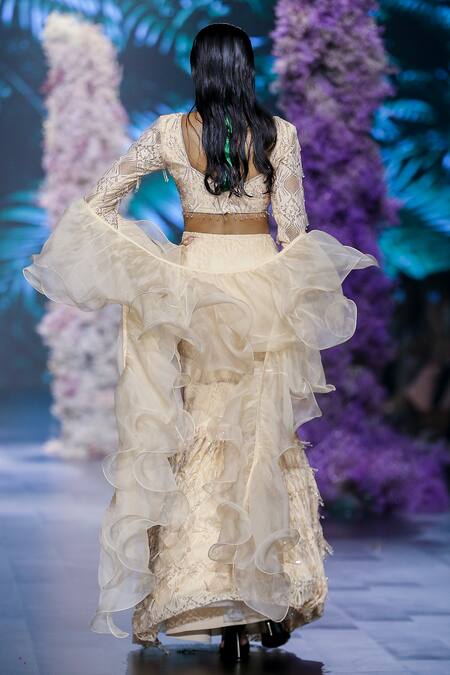 Shop_Nirmooha_Peach Organza Ruffle Dupatta _at_Aza_Fashions