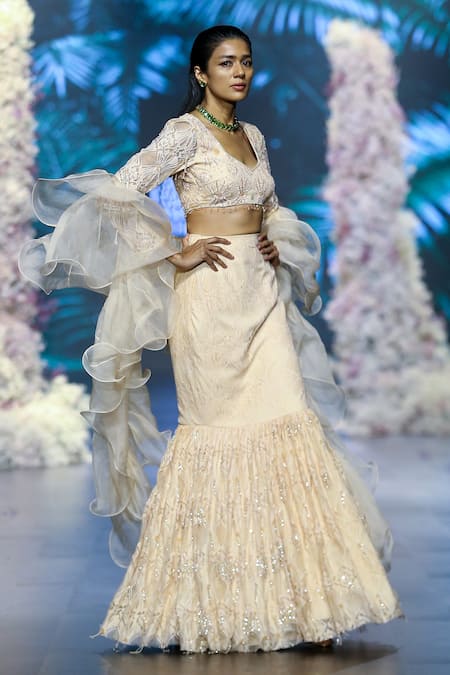 Shop_Nirmooha_Peach Organza Ruffle Dupatta _Online_at_Aza_Fashions
