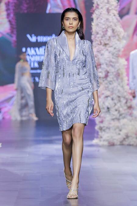 Nirmooha_Grey Organza Sequins Collared Hand Embroidered Dress _Online_at_Aza_Fashions