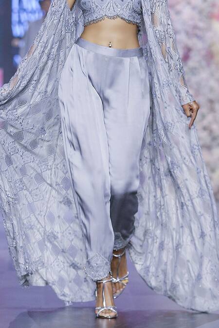 Nirmooha_Grey Modal, Satin Sequins, Beads Hand Embroidered Hem Pant _Online_at_Aza_Fashions