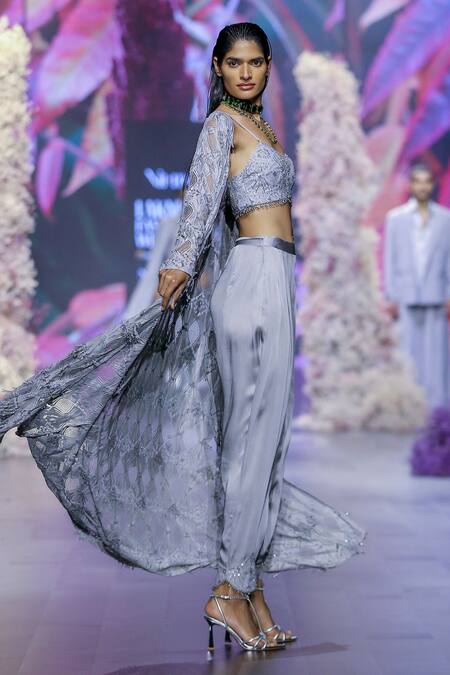 Shop_Nirmooha_Grey Modal, Satin Sequins, Beads Hand Embroidered Hem Pant _Online_at_Aza_Fashions
