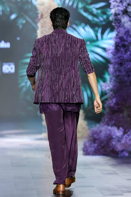 Shop_Nirmooha_Purple Crepe Sequins, Beads Hand Embroidered Deep Plum Jacket _at_Aza_Fashions